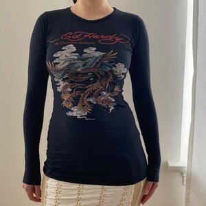 Ed Hardy Black Long Sleeve Tee Or Mini Dress with Dragon Design